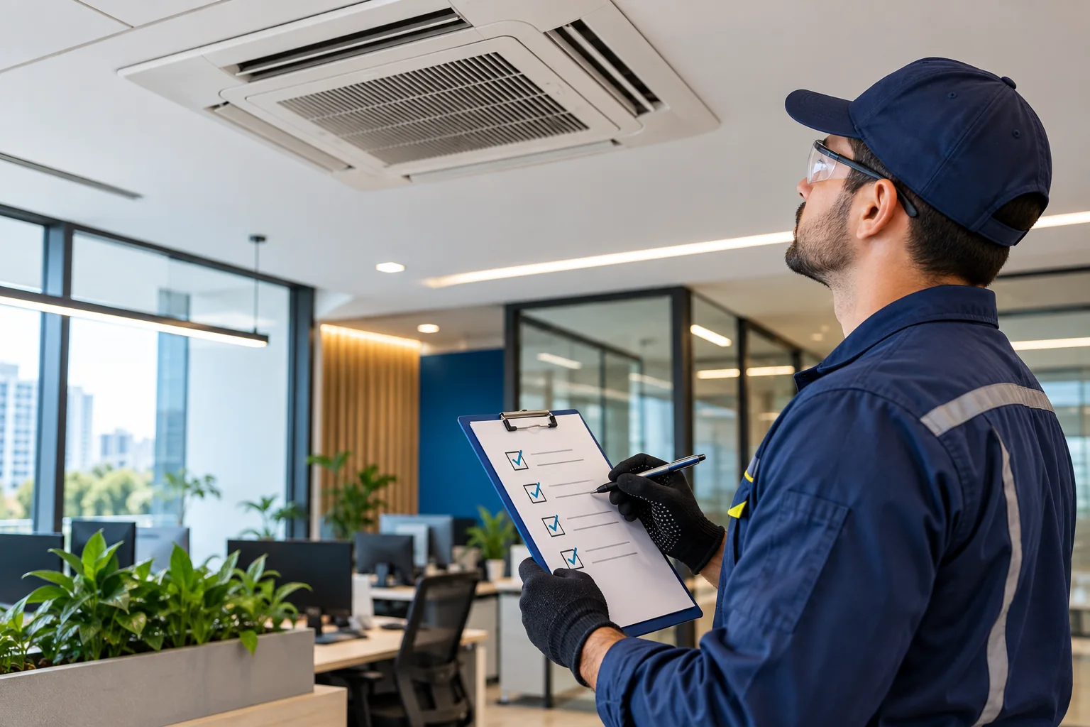 Técnico inspecionando sistema de climatização e registrando o PMOC